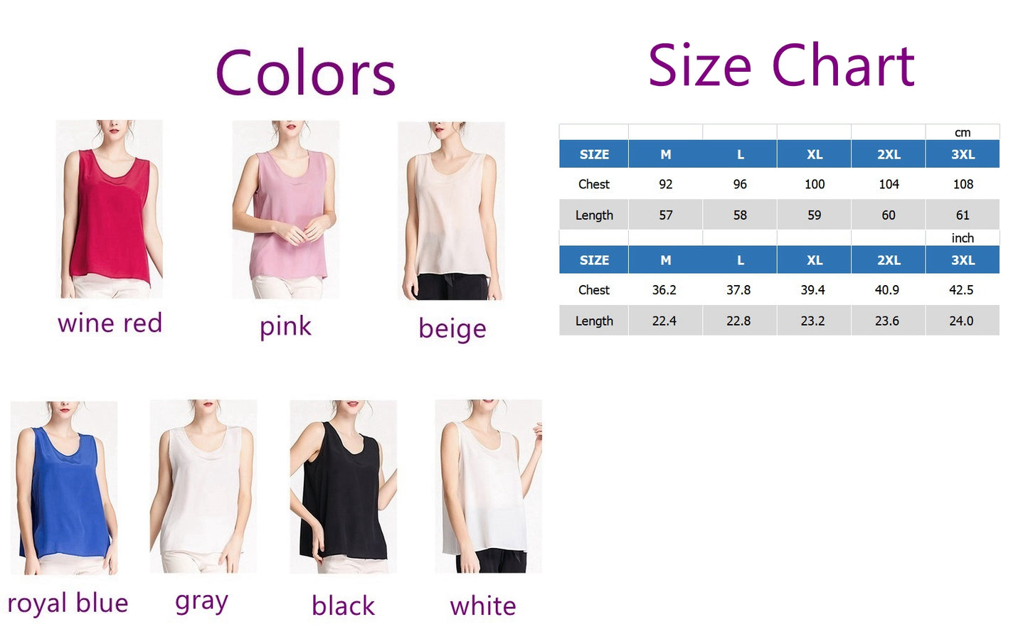 Women Silk CDC Tank Top, 7 colors - Awulook