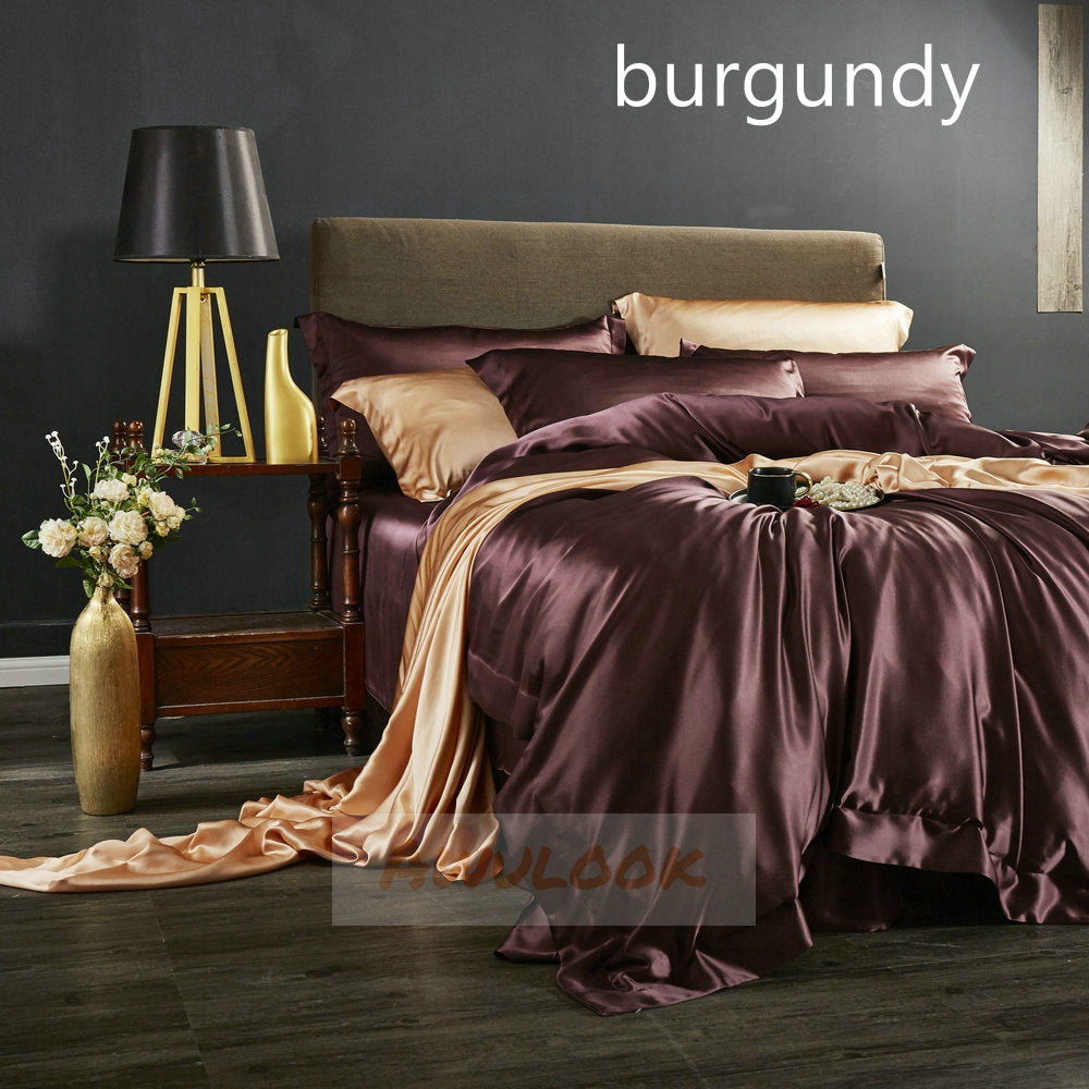 25Momme Seamless Luxury Silk Fitted Sheet/Flat Sheet/Dovut Cover/Bedding Set, Burgundy - Awulook