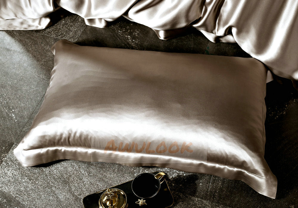 25Momme Seamless Luxury Silk Fitted Sheet/Flat Sheet/Dovut Cover/Bedding Set, Coffee Gold - Awulook