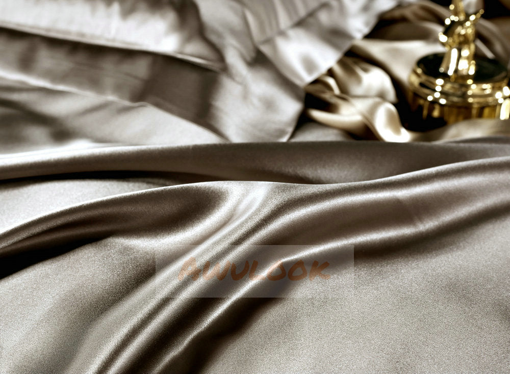 25Momme Seamless Luxury Silk Fitted Sheet/Flat Sheet/Dovut Cover/Bedding Set, Coffee Gold - Awulook