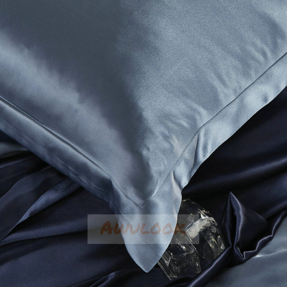 25Momme Seamless Luxury Silk Fitted Sheet/Flat Sheet/Dovut Cover/Bedding Set, Haze blue - Awulook