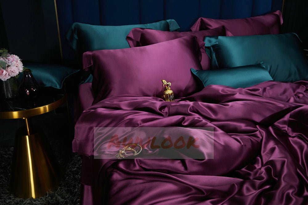 25Momme Seamless Luxury Silk Fitted Sheet/Flat Sheet/Dovut Cover/Bedding Set, Magic purple - Awulook