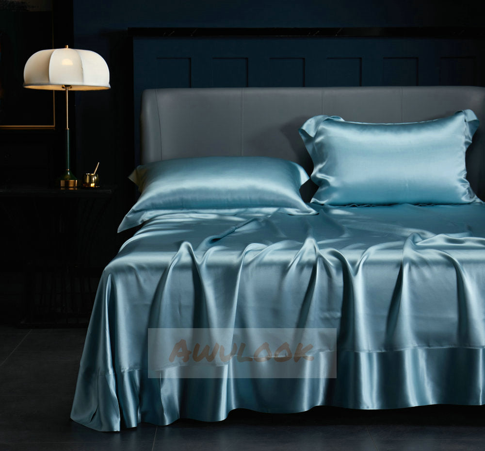 25Momme Seamless Luxury Silk Fitted Sheet/Flat Sheet/Dovut Cover/Bedding Set, Mint blue - Awulook