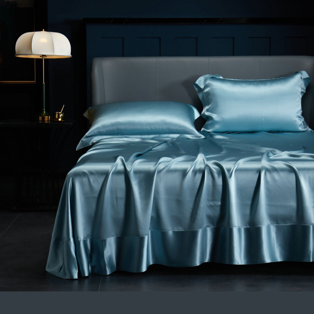 25Momme Drap-housse/drap plat/housse Dovut/parure de lit en soie de luxe sans couture, bleu menthe