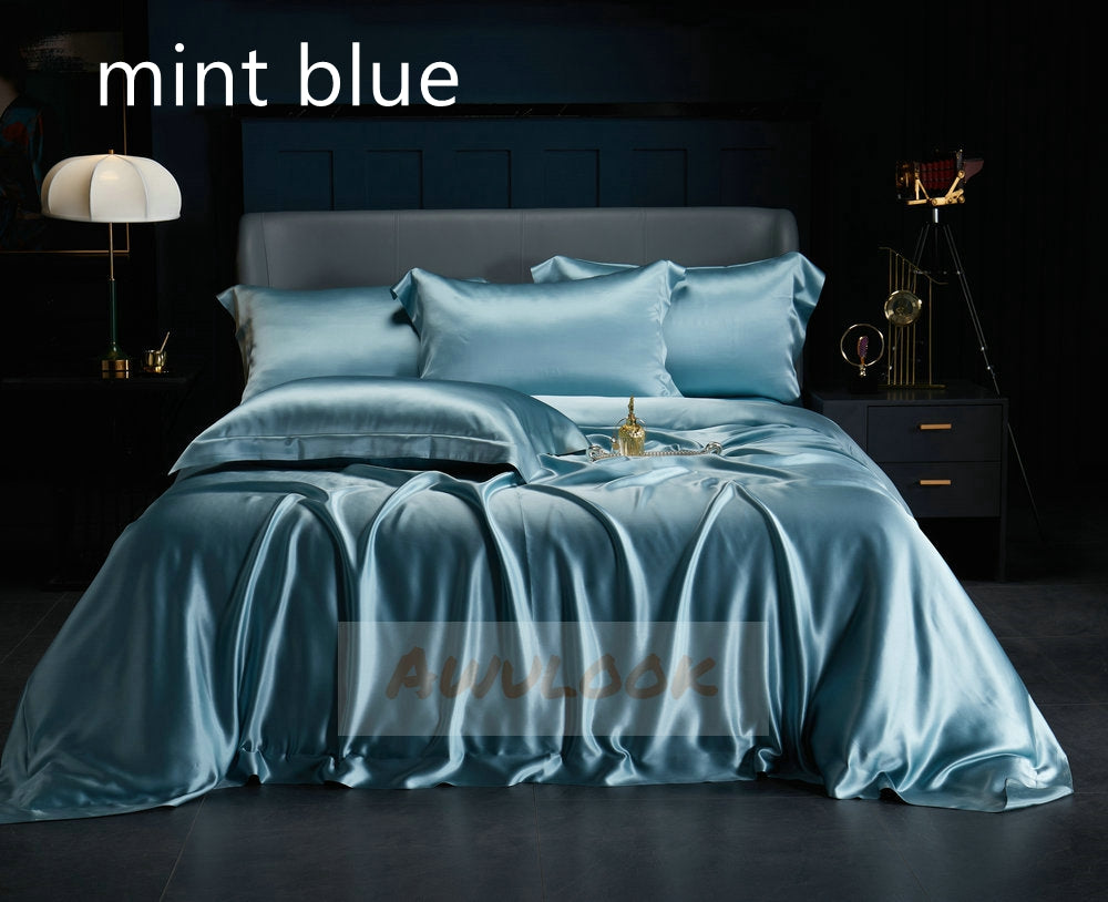 25Momme Seamless Luxury Silk Fitted Sheet/Flat Sheet/Dovut Cover/Bedding Set, Mint blue - Awulook