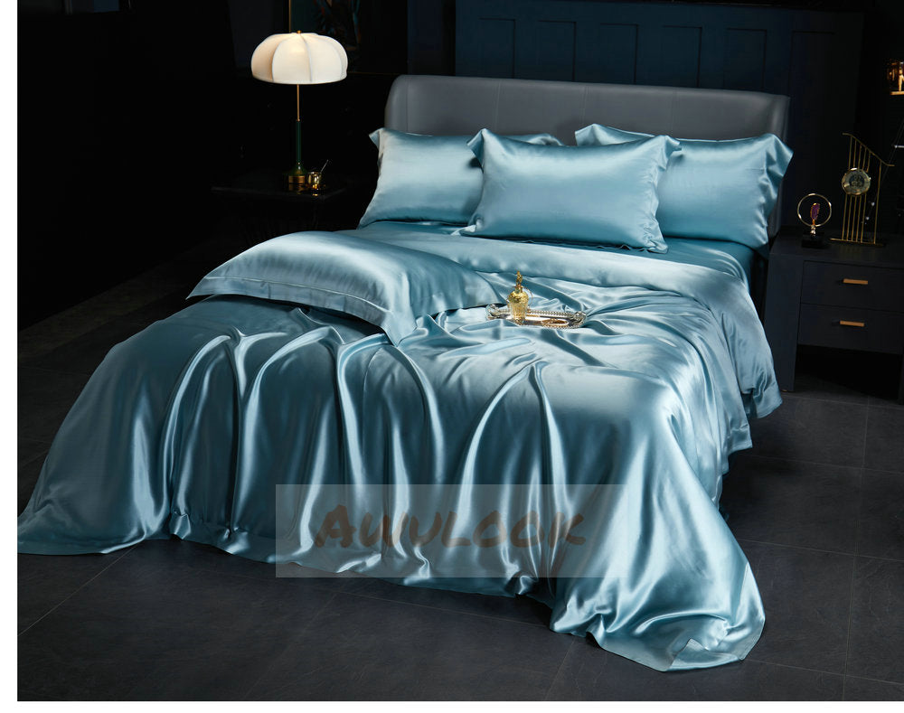 25Momme Seamless Luxury Silk Fitted Sheet/Flat Sheet/Dovut Cover/Bedding Set, Mint blue - Awulook