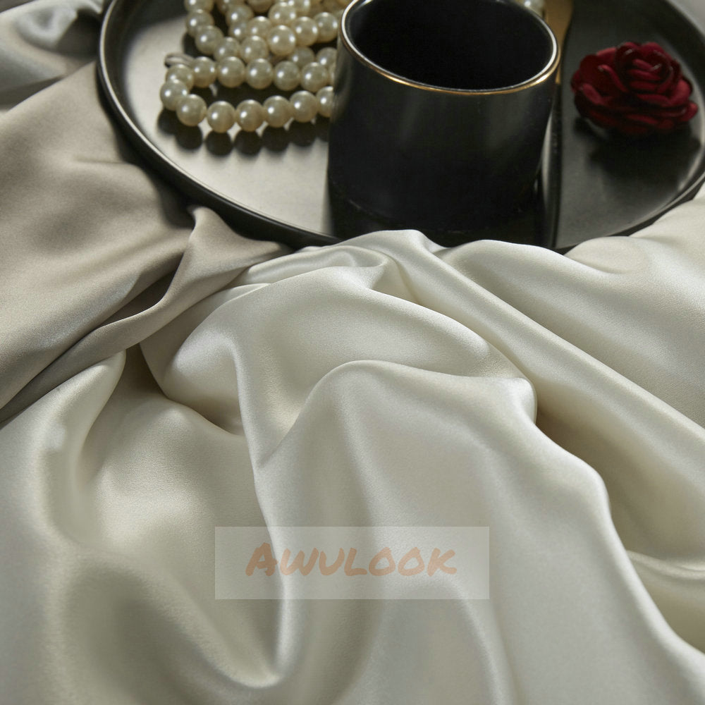 25Momme Seamless Luxury Silk Fitted Sheet/Flat Sheet/Dovut Cover/Bedding Set, Pearl white - Awulook