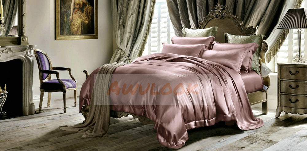 25Momme Seamless Luxury Silk Fitted Sheet/Flat Sheet/Duvet Cover/Bedding Set, Rose Pink - Awulook