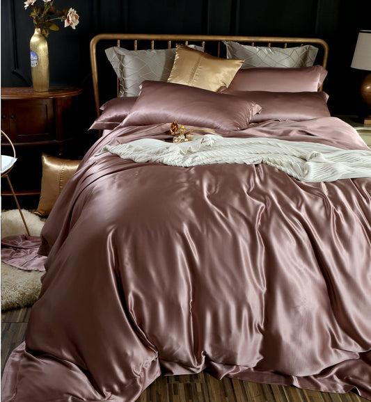 25Momme Drap-housse/drap plat/housse Dovut/parure de lit en soie de luxe sans couture, rose rose