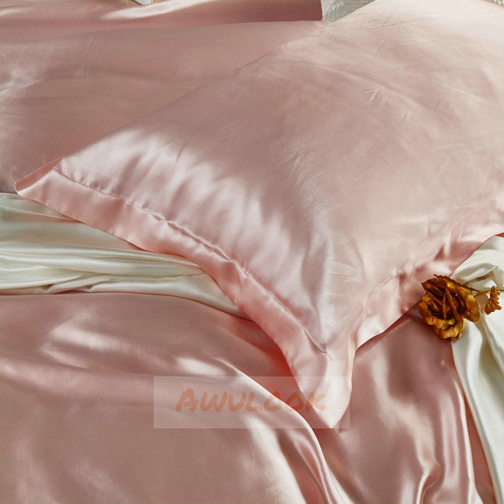 25Momme Seamless Luxury Silk Fitted Sheet/Flat Sheet/Dovut Cover/Bedding Set, Soft pink - Awulook