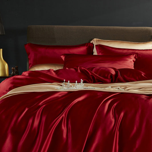 25Momme Drap-housse/drap plat/housse Dovut/parure de lit en soie de luxe sans couture, rouge vin