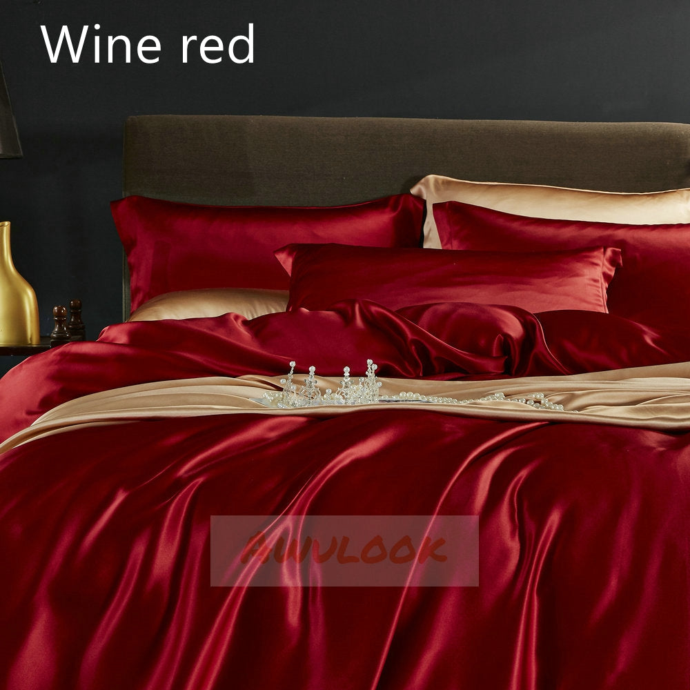 25Momme Seamless Luxury Silk Fitted Sheet/Flat Sheet/Dovut Cover/Bedding Set, Wine Red - Awulook