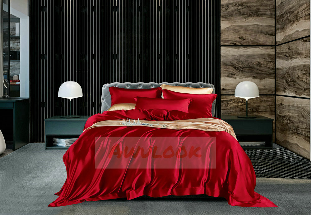 25Momme Seamless Luxury Silk Fitted Sheet/Flat Sheet/Dovut Cover/Bedding Set, Wine Red - Awulook