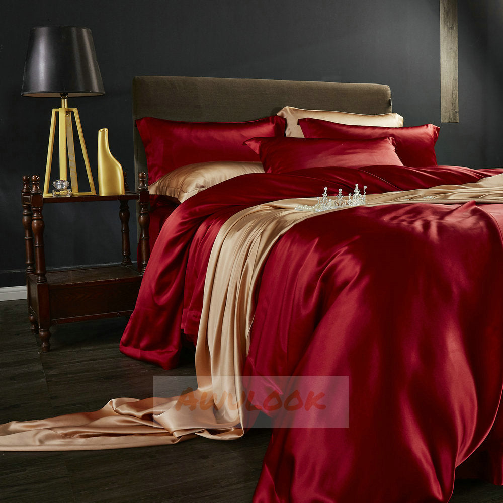 25Momme Seamless Luxury Silk Fitted Sheet/Flat Sheet/Dovut Cover/Bedding Set, Wine Red - Awulook