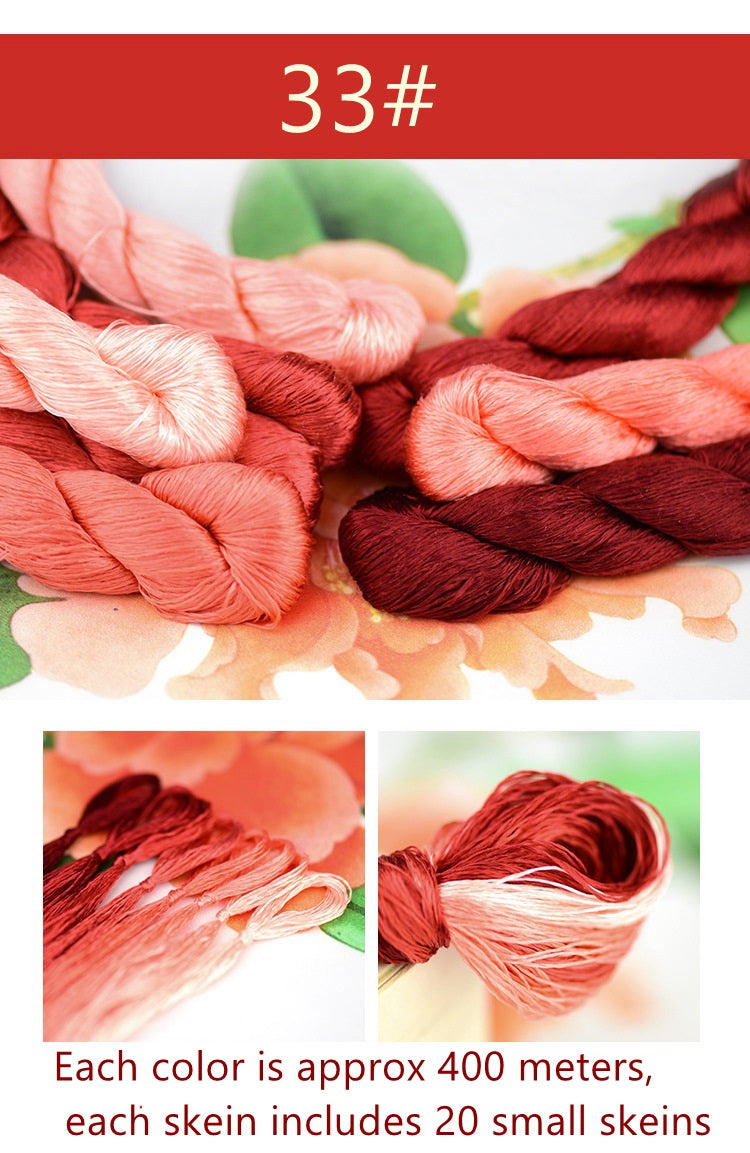 100% Mulberry Silk Embroidery Thread Skeins, Red Colors, 400meters