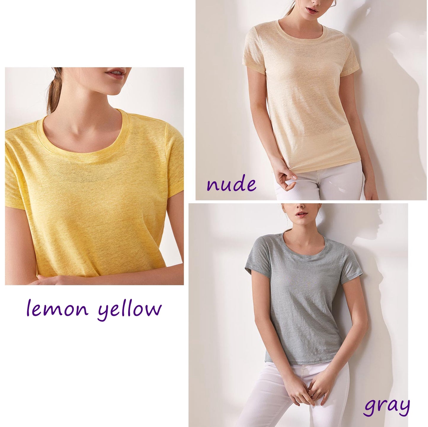 Women Silk Linen T-shirt, Round Neck, 8 Colors