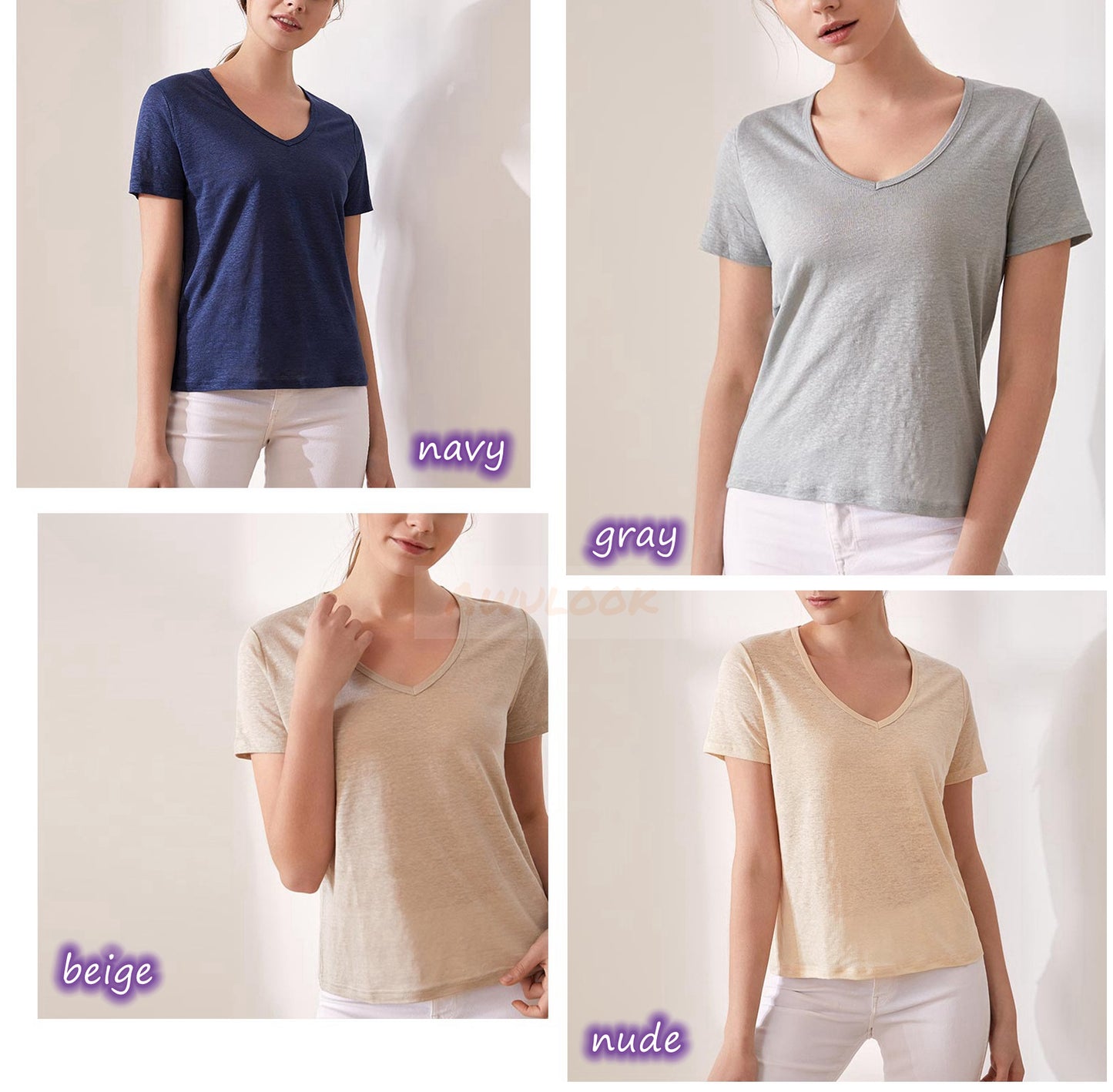 Women Silk Linen T-shirt, V Neck, 8 Colors