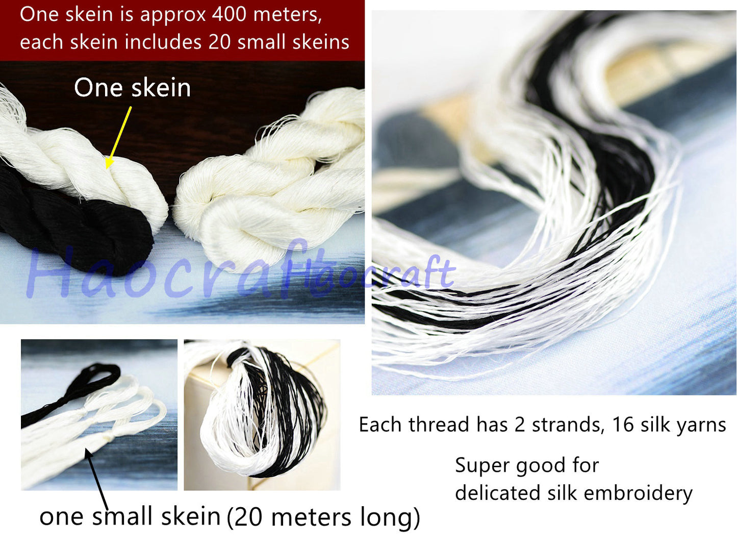 100% Mulberry Silk Embroidery Thread Skeins, Black, White, 400meters