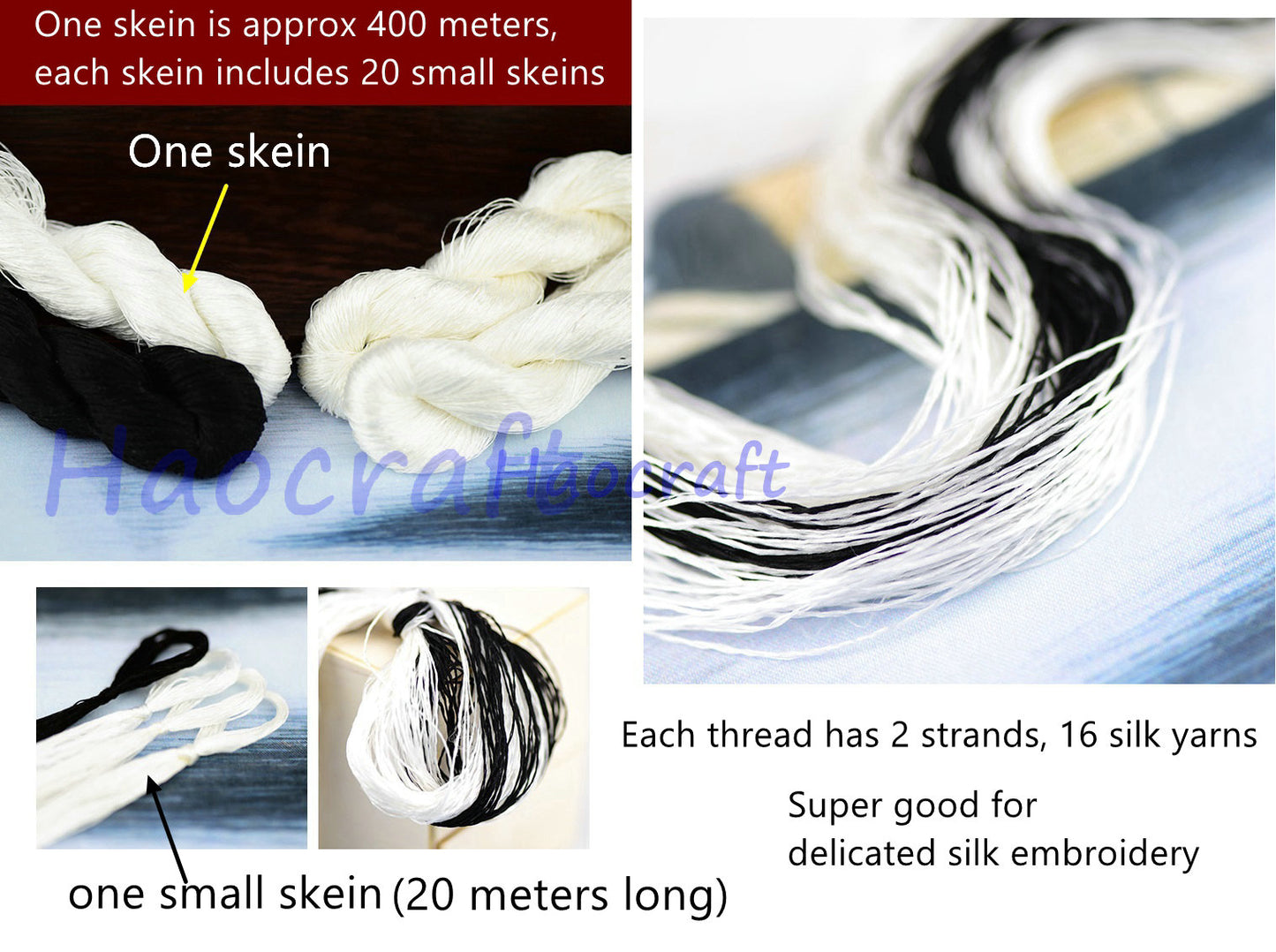 100% Mulberry Silk Embroidery Thread Skeins, Gray, Black, White, 400meters