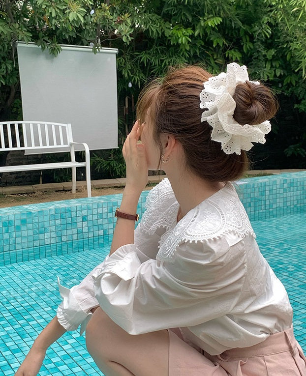 Oversized White Silk Lace Scrunchie