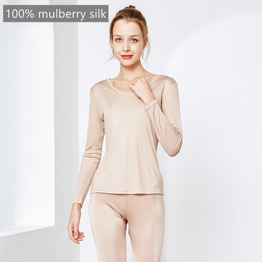 Ensemble de sous-vêtements thermiques 100% soie de mûrier pour femmes, Leggings/haut, col en V