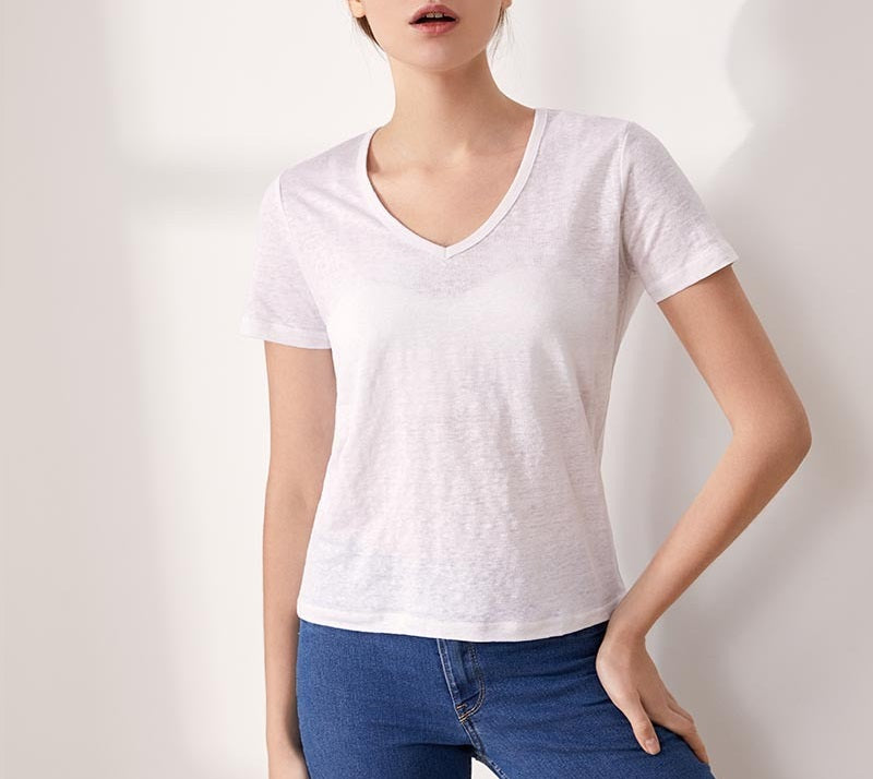 Women Silk Linen T-shirt, V Neck, 8 Colors