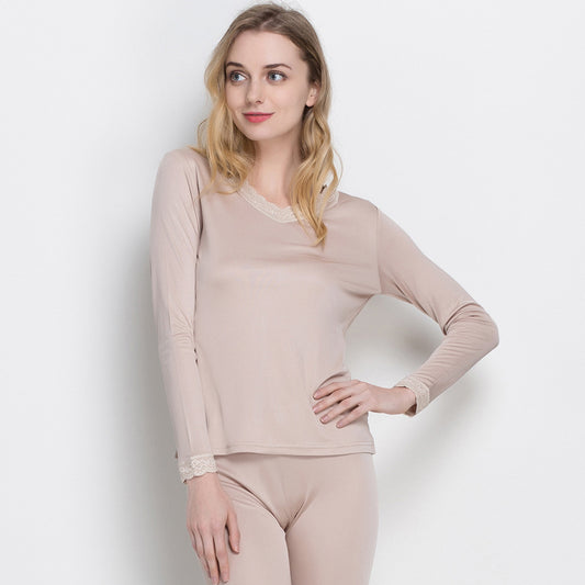 Ensemble de sous-vêtements thermiques pour femmes 100% soie de mûrier, col en V