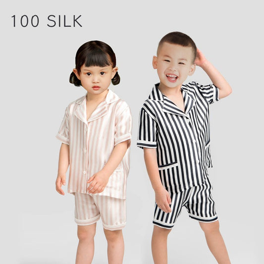 Kids Short Striped Silk Pajamas Set, Boys and Girls Silk Nightwear