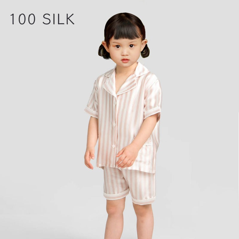 Kids Short Striped Silk Pajamas Set, Boys and Girls Silk Nightwear