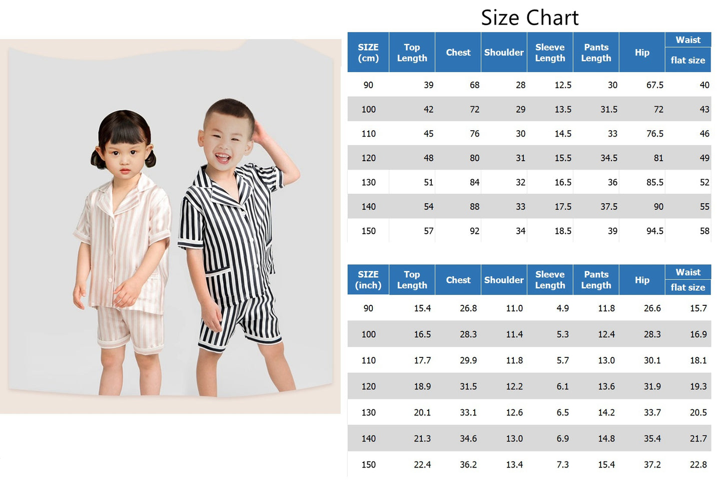 Kids Short Striped Silk Pajamas Set, Boys and Girls Silk Nightwear