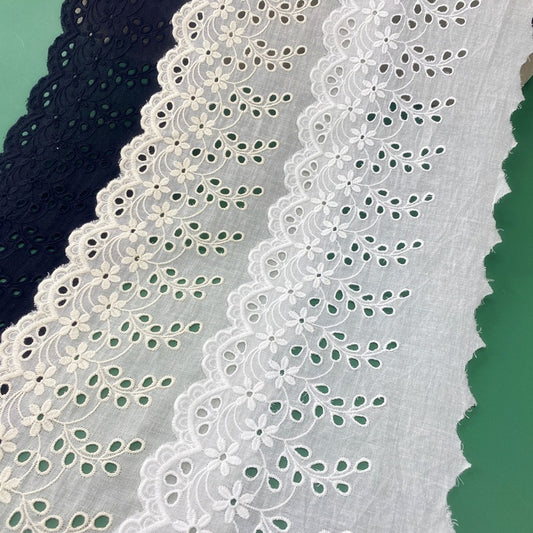 13cm Wide Black/White Cotton Lace Trim, Scalloped Border Trim with Eyelet Embroidery