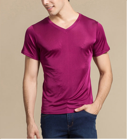 Men Mulberry Silk V neck T-shirt