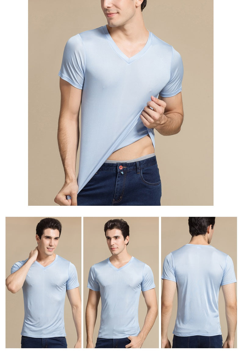 Men Mulberry Silk V neck T-shirt