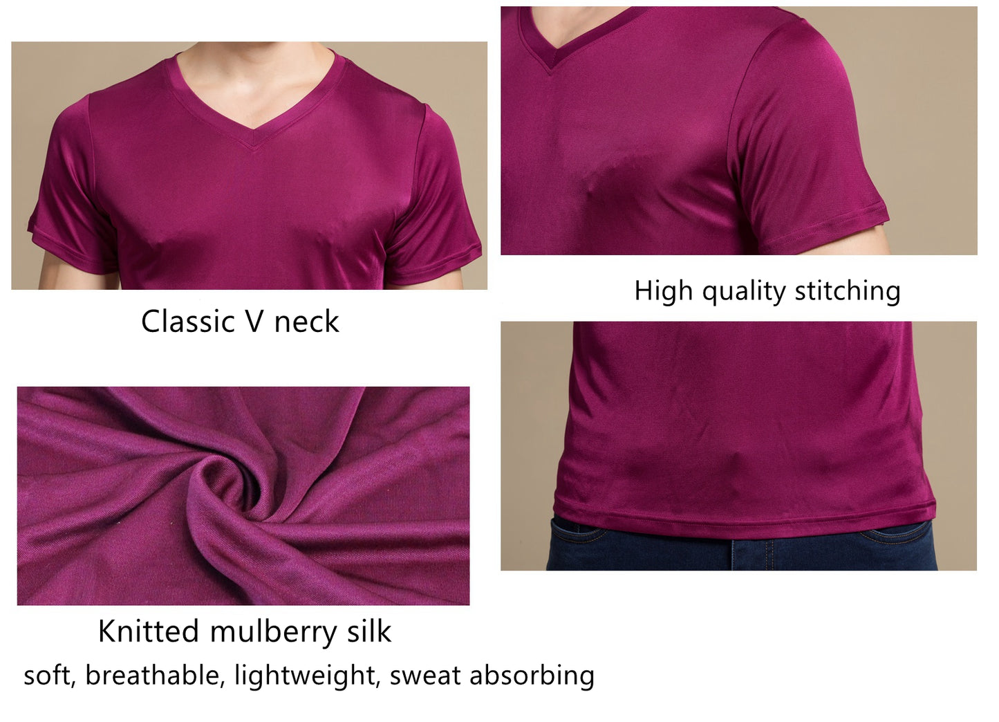 Men Mulberry Silk V neck T-shirt