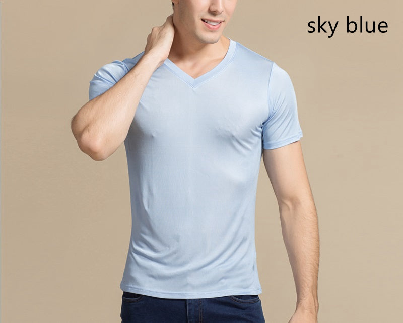 Men Mulberry Silk V neck T-shirt