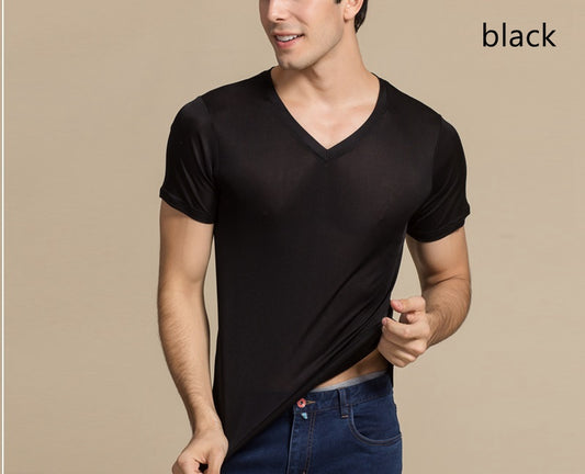 Men Mulberry Silk V neck T-shirt