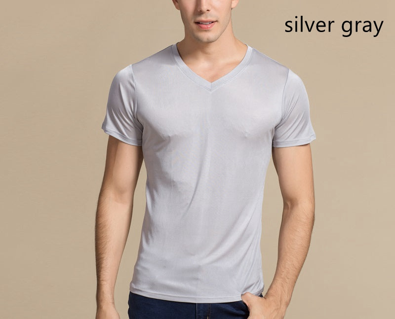 Men Mulberry Silk V neck T-shirt