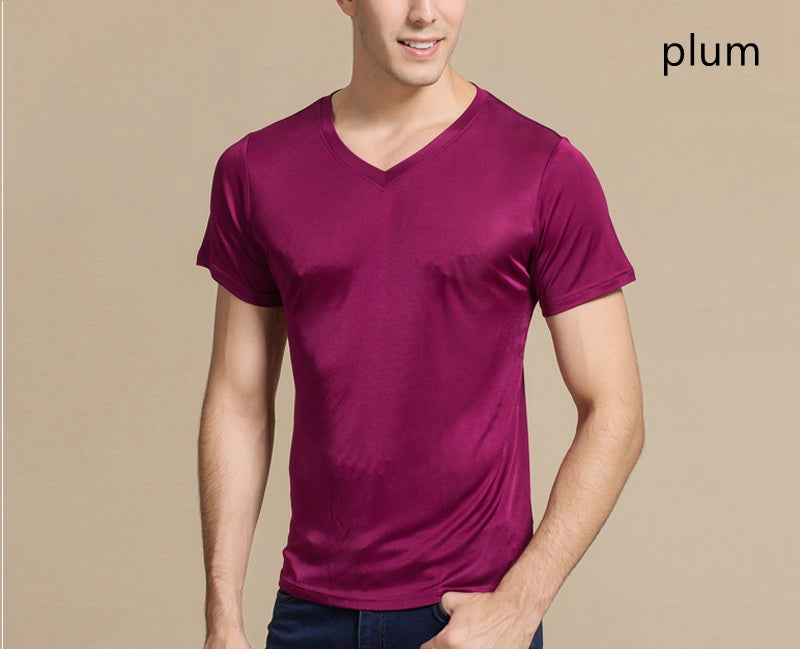 Men Mulberry Silk V neck T-shirt