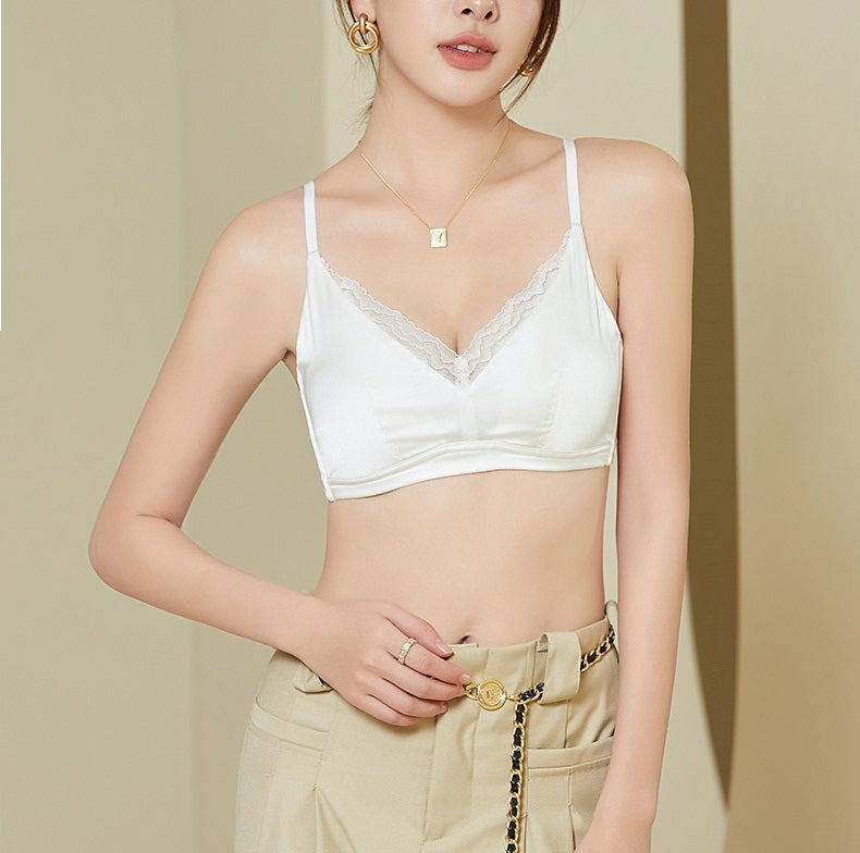 2024 New IN French Style Women Silk Bra Lace Trim