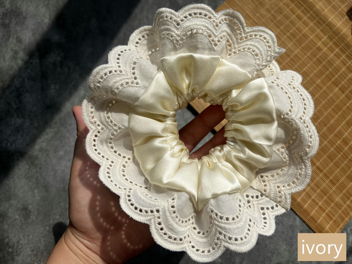 Oversized White Silk Lace Scrunchie