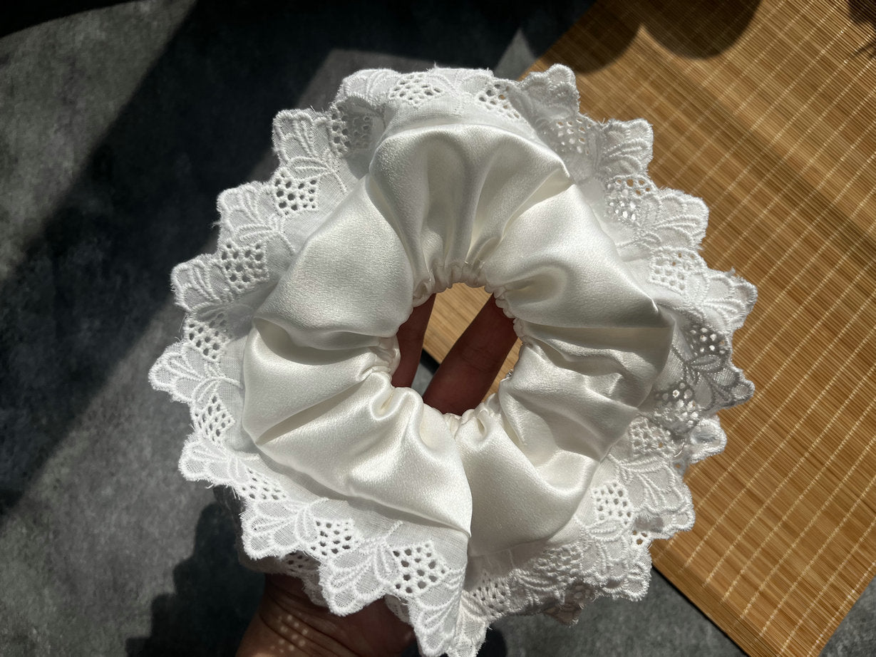 Oversized White Silk Lace Scrunchie