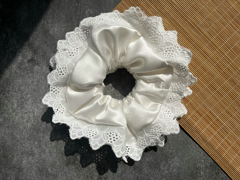 Oversized White Silk Lace Scrunchie