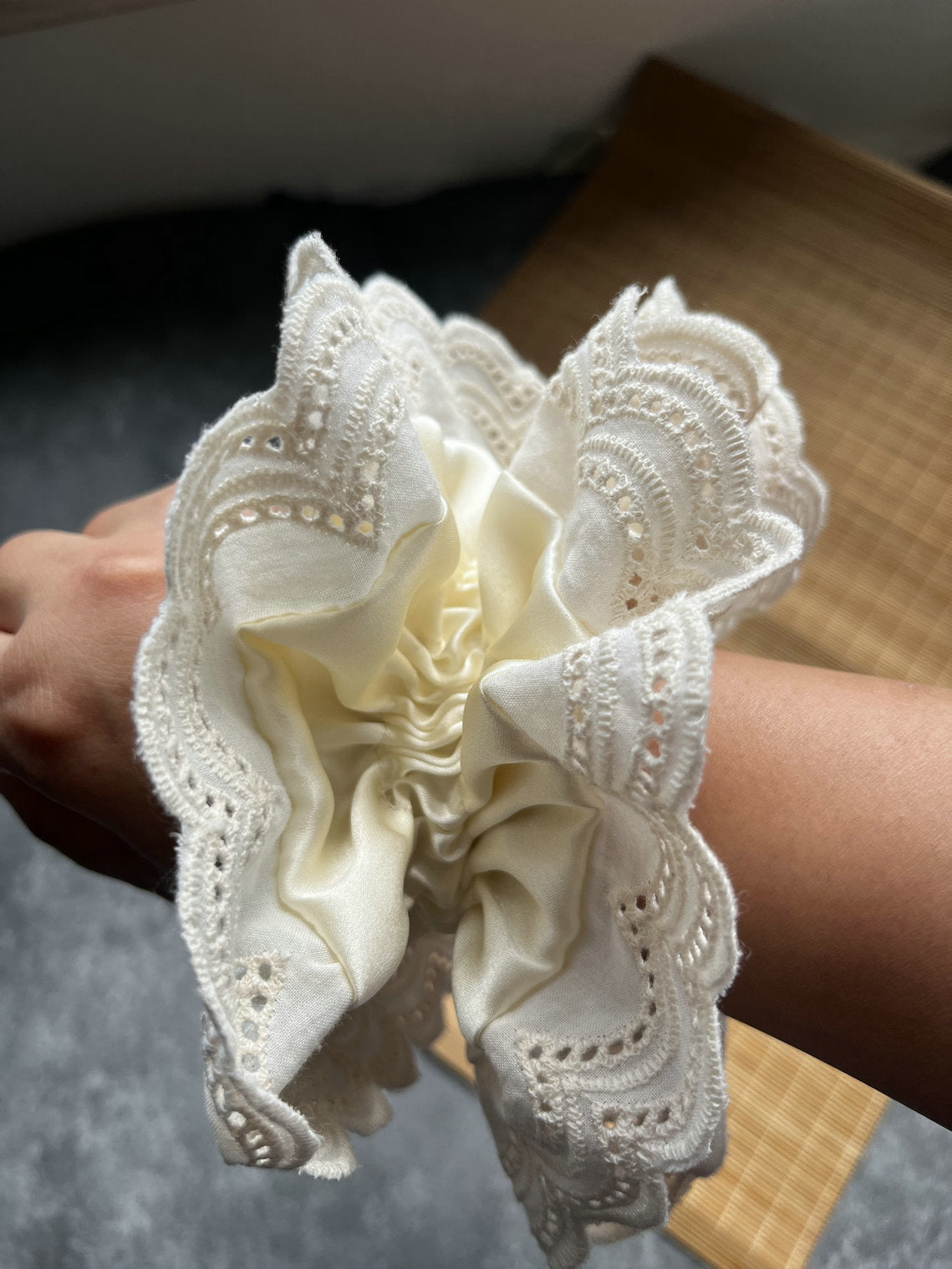 Oversized White Silk Lace Scrunchie