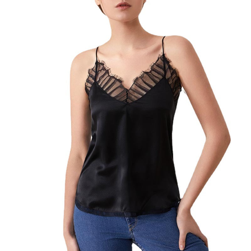 100% Silk Camisole, Eyelash Lace Trim