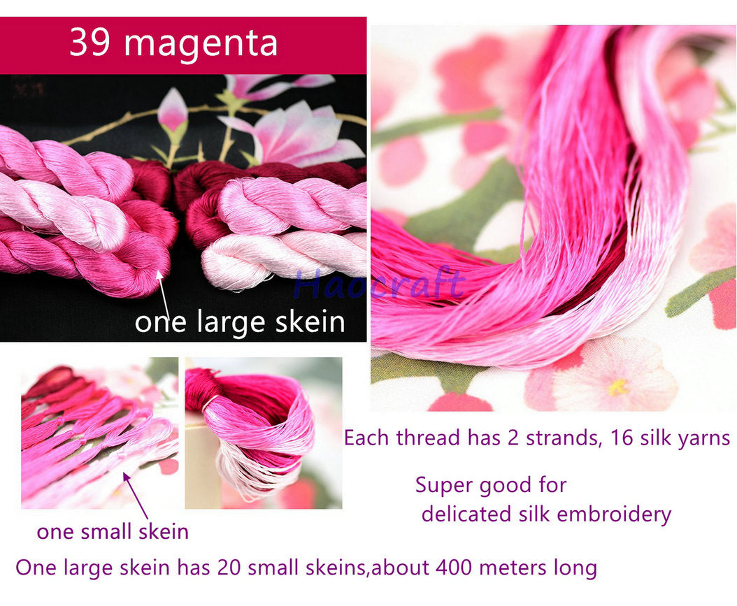 100% Mulberry Silk Embroidery Thread Skeins, Pink Colors, 400meters