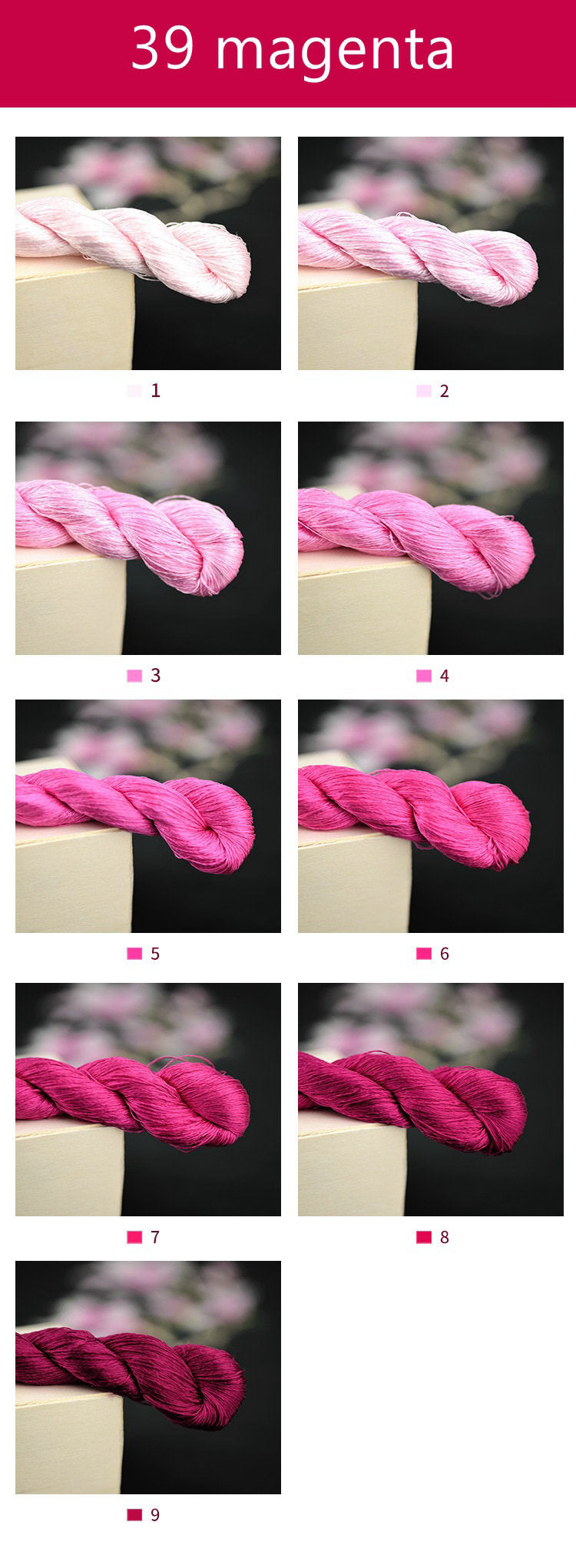 100% Mulberry Silk Embroidery Thread Skeins, Pink Colors, 400meters