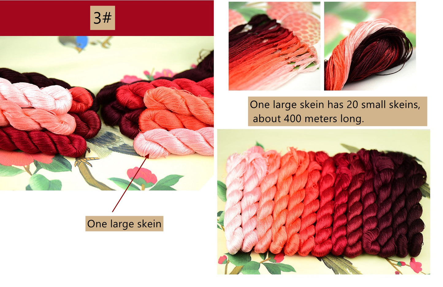 100% Mulberry Silk Embroidery Thread Skeins, 3# red colors