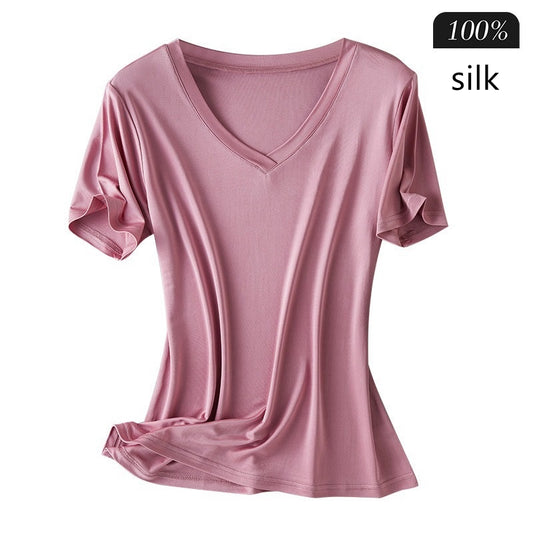Women 100% Silk T-shirt, V Neck