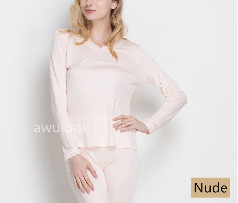 Women 100% Mulberry Silk Thermal underwear Set, V Neck