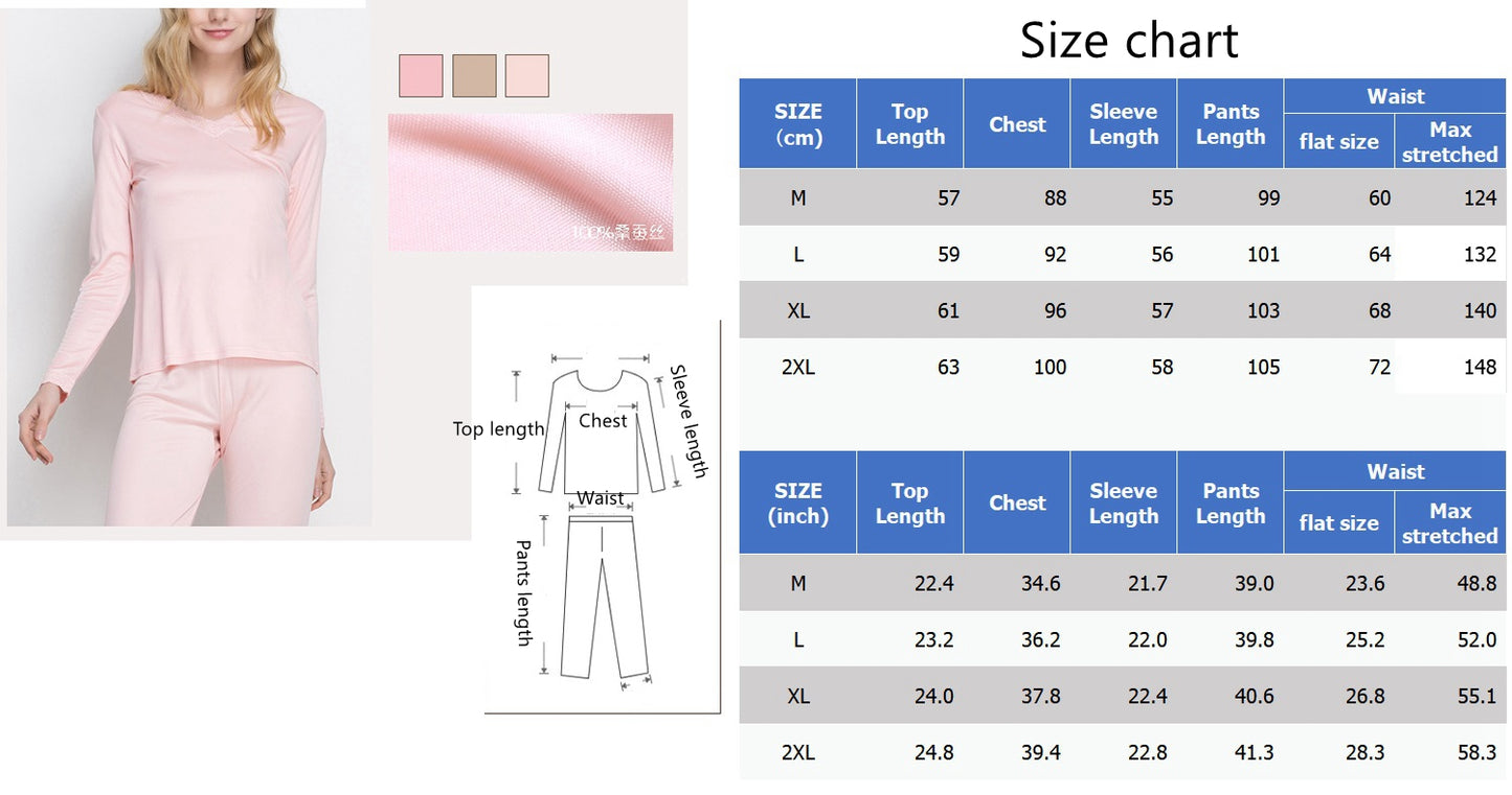 Women 100% Mulberry Silk Thermal underwear Set, V Neck